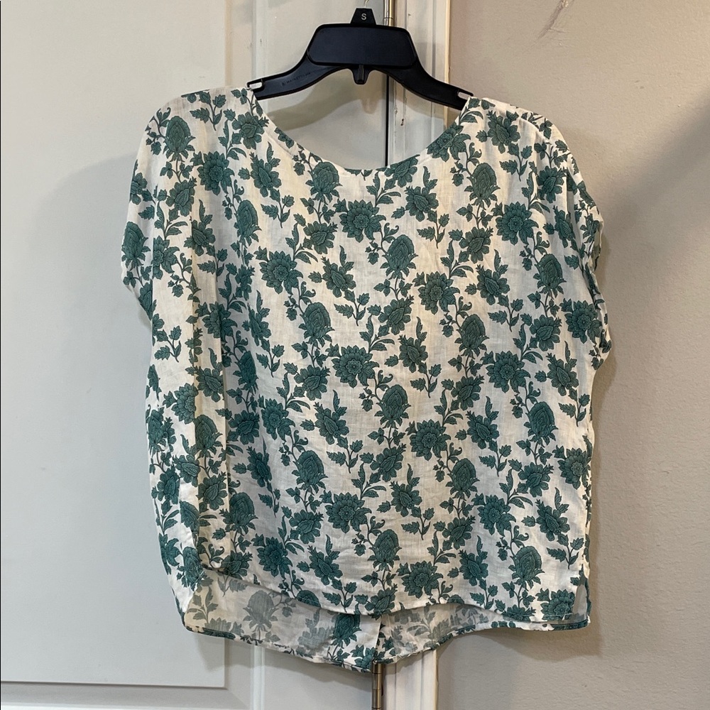 Cynthia Rowley Green and White Floral Blouse 100% Linen